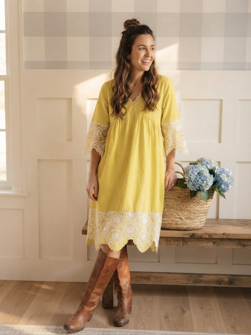 Yellow Lace-Trim V-Neck Midi Dress Large